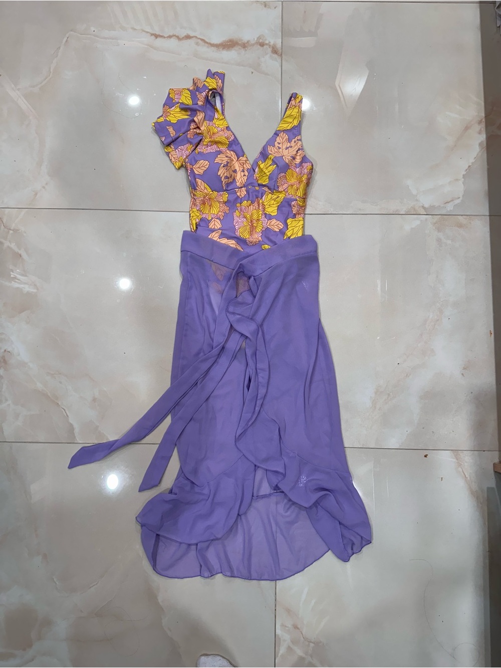Purple Floral Wrap Dress with Yellow & Pink Blooms
